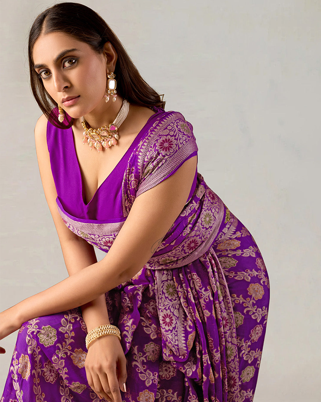 Purple Meenakari Pure Chiffon Saree