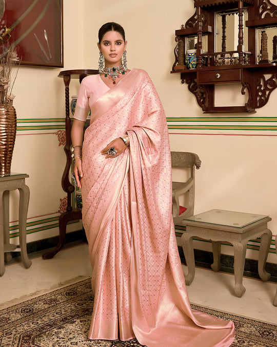 Pink Pure Katan Saree with Delicate Gold Zari Diamond Butidar Motifs Weaving