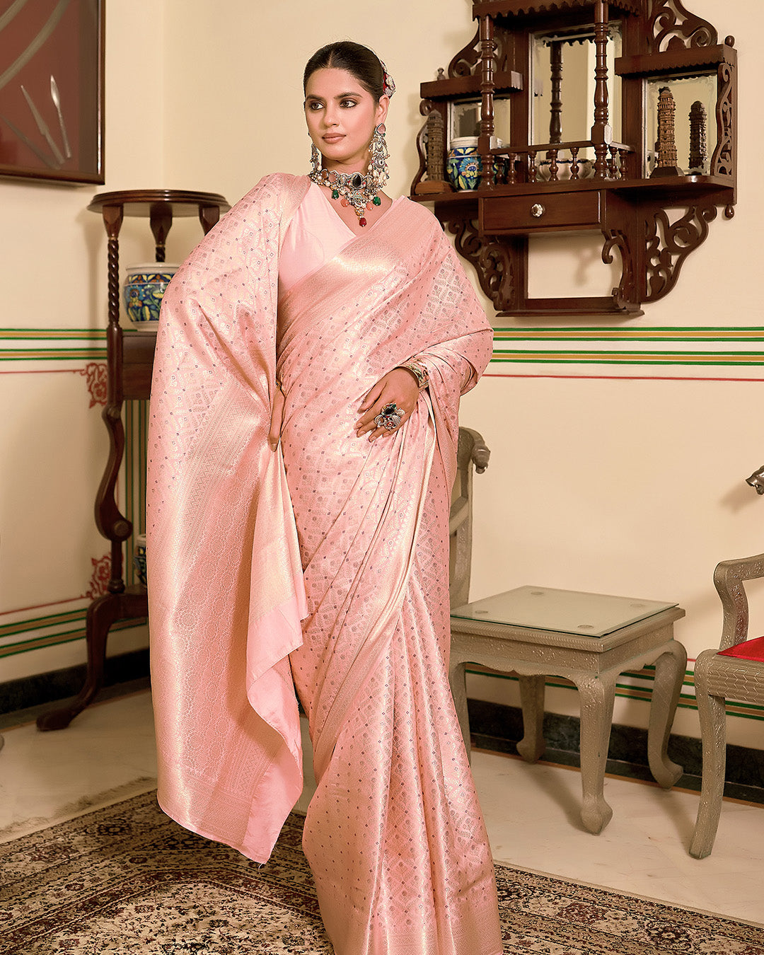 Pink Pure Katan Saree with Delicate Gold Zari Diamond Butidar Motifs Weaving