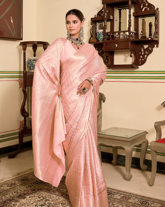 Pink Pure Katan Saree with Delicate Gold Zari Diamond Butidar Motifs Weaving
