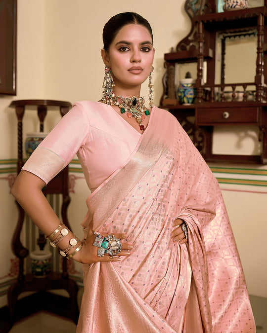Pink Pure Katan Saree with Delicate Gold Zari Diamond Butidar Motifs Weaving