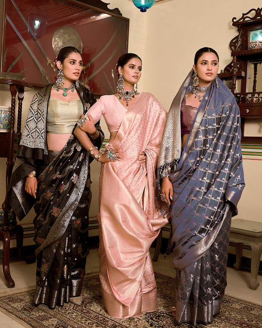 Black Pure Banarasi Saree with Exquisite Multicoloured Floral Meenakari Weaving
