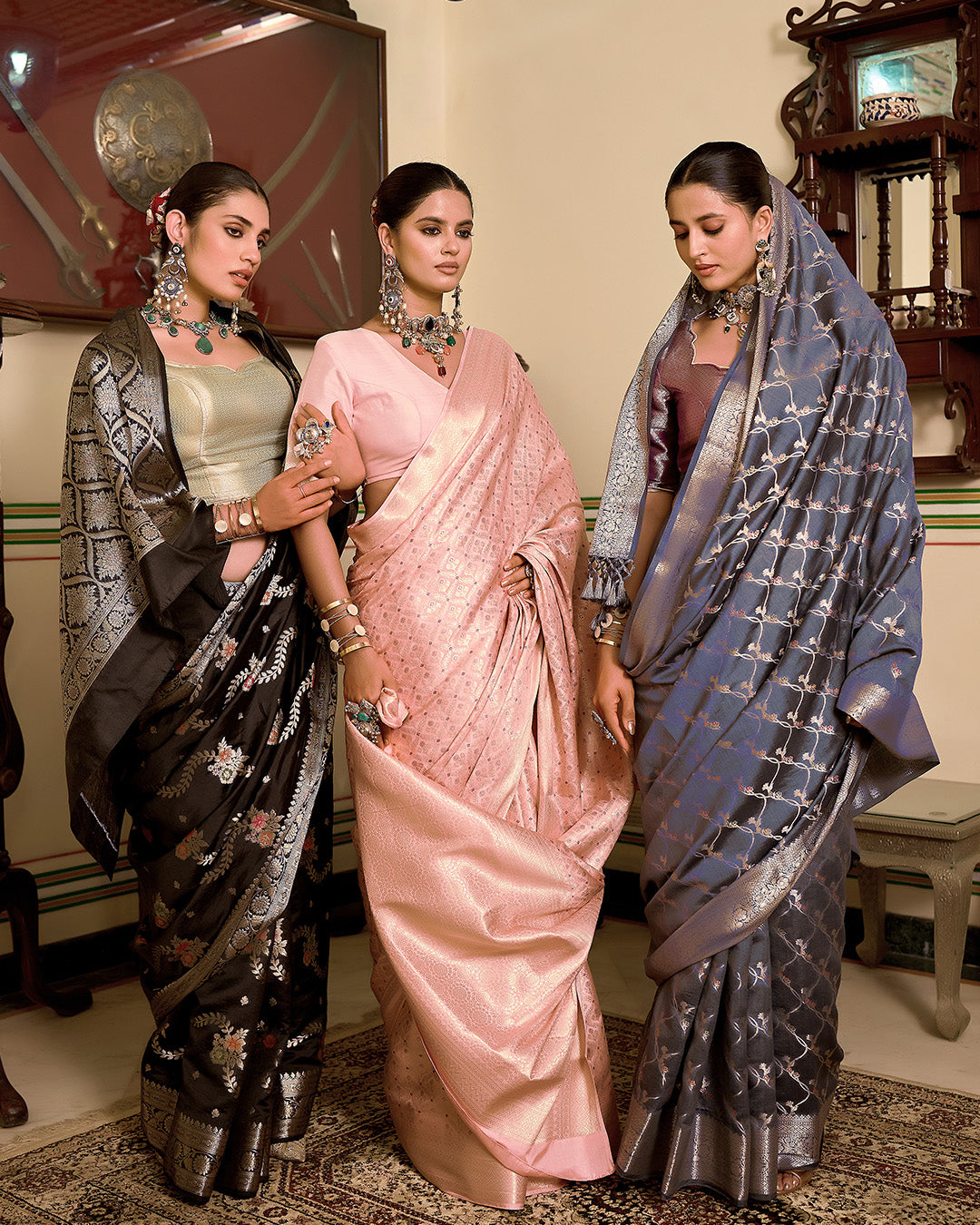 Pink Pure Katan Saree with Delicate Gold Zari Diamond Butidar Motifs Weaving