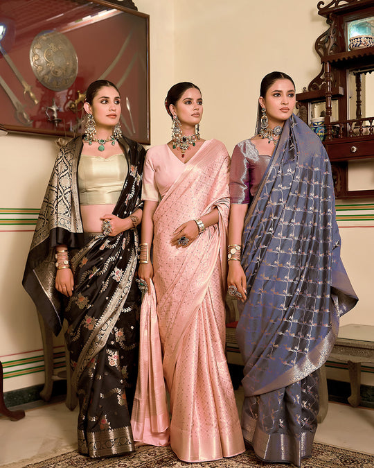 Black Pure Banarasi Saree with Exquisite Multicoloured Floral Meenakari Weaving