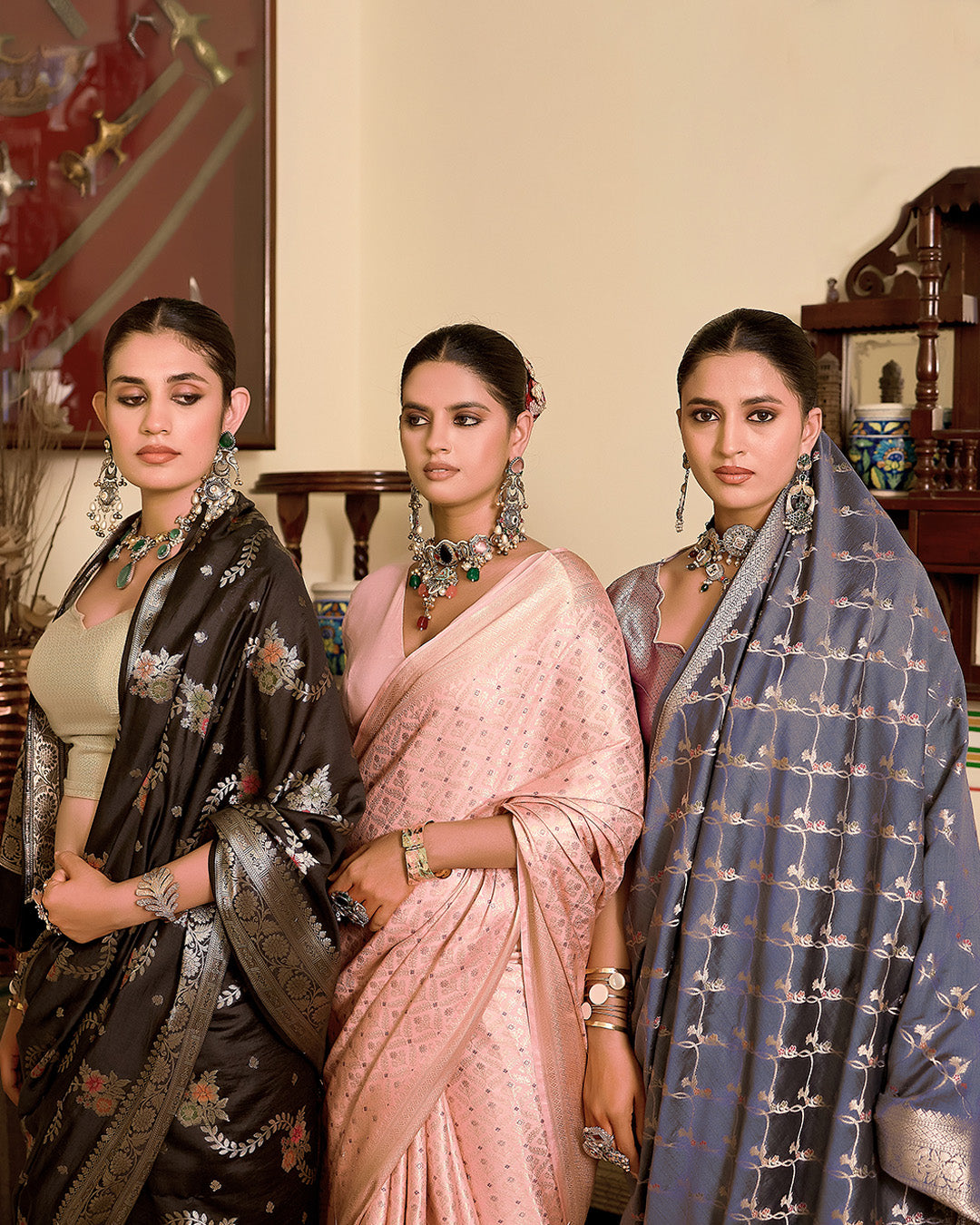 Black Pure Banarasi Saree with Exquisite Multicoloured Floral Meenakari Weaving