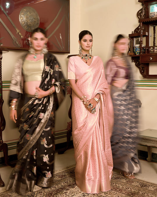 Pink Pure Katan Saree with Delicate Gold Zari Diamond Butidar Motifs Weaving