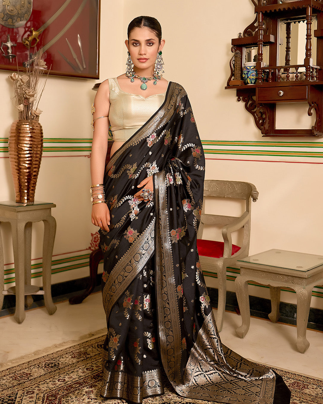 Black Pure Banarasi Saree with Exquisite Multicoloured Floral Meenakari Weaving