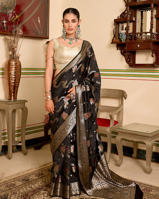 Black Pure Banarasi Saree with Exquisite Multicoloured Floral Meenakari Weaving