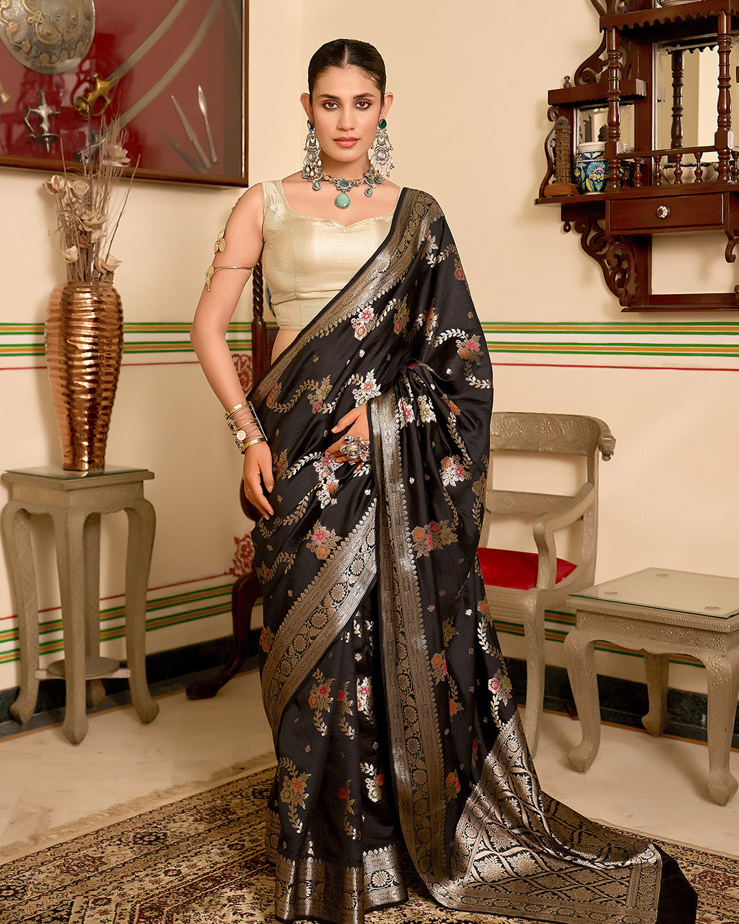 Black Pure Banarasi Saree with Exquisite Multicoloured Floral Meenakari Weaving