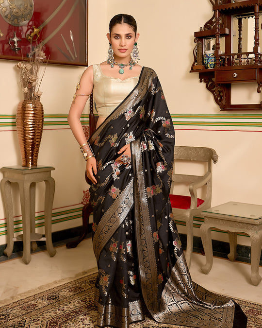 Black Pure Banarasi Saree with Exquisite Multicoloured Floral Meenakari Weaving