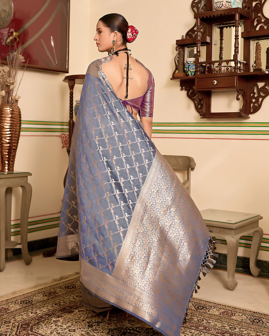 Smoky Grey Pure Banarasi Saree with Botanical Floral Vine Jaal Weaving