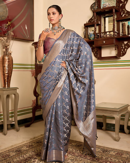 Smoky Grey Pure Banarasi Saree with Botanical Floral Vine Jaal Weaving
