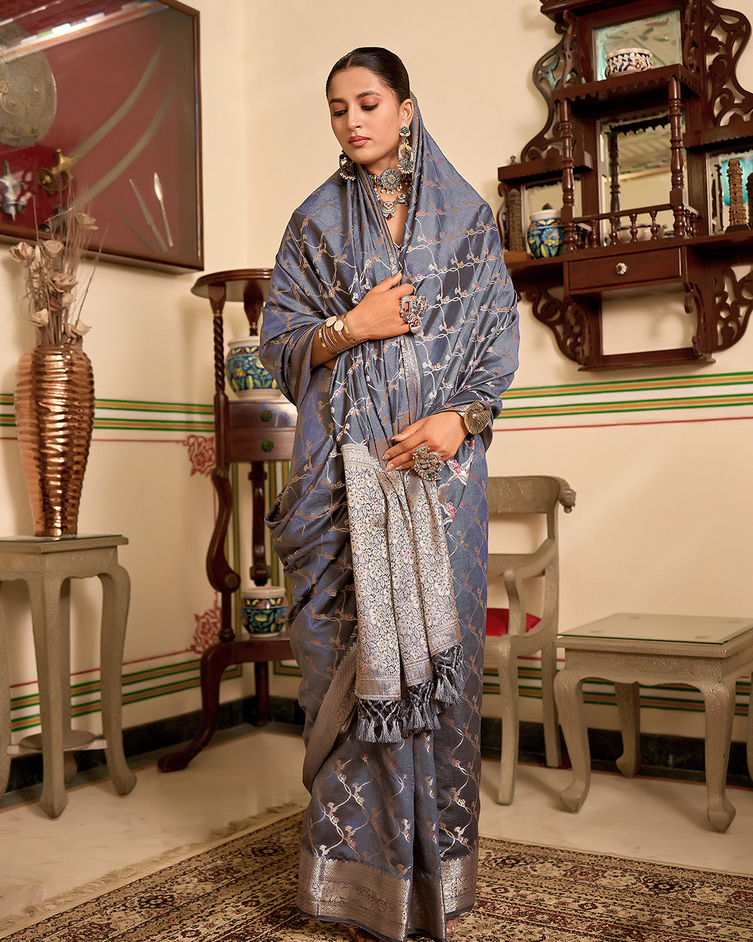 Smoky Grey Pure Banarasi Saree with Botanical Floral Vine Jaal Weaving