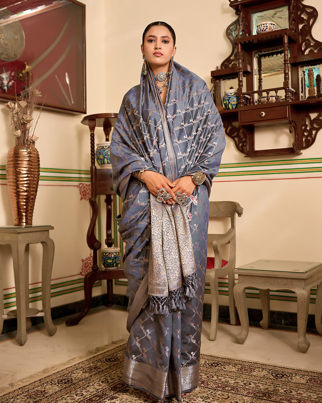 Smoky Grey Pure Banarasi Saree with Botanical Floral Vine Jaal Weaving
