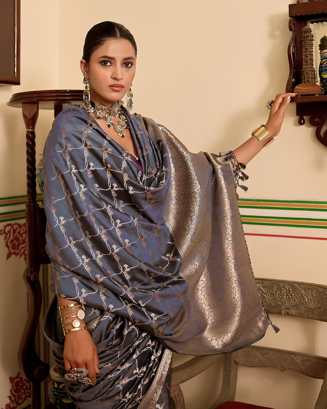 Smoky Grey Pure Banarasi Saree with Botanical Floral Vine Jaal Weaving