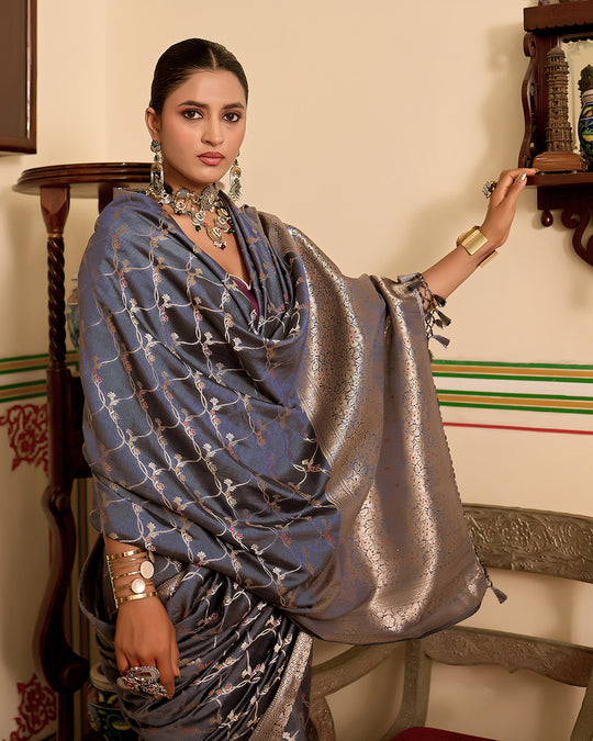 Smoky Grey Pure Banarasi Saree with Botanical Floral Vine Jaal Weaving