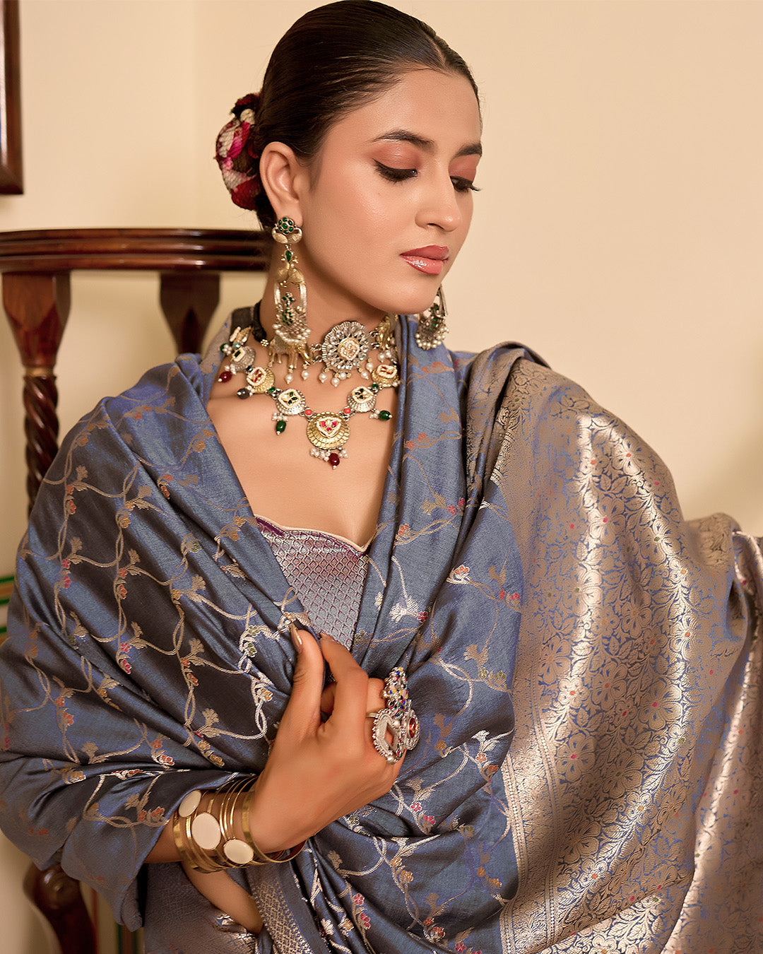 Smoky Grey Pure Banarasi Saree with Botanical Floral Vine Jaal Weaving