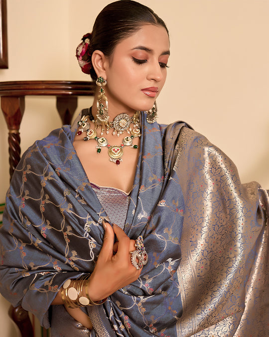 Smoky Grey Pure Banarasi Saree with Botanical Floral Vine Jaal Weaving