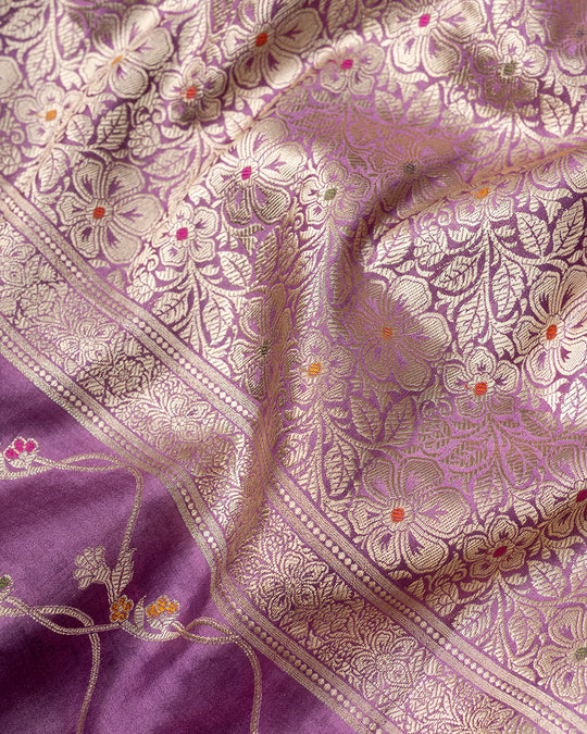 Lilac Pure Banarasi Saree With Timeless Delicate Floral Vine Weaving
