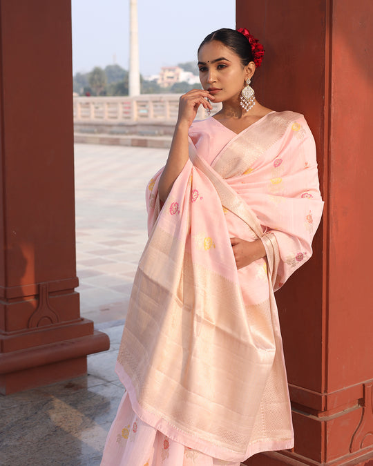 Eternal Bloom Light Pink Pure Banarasi Silk Saree with Meenakari Handwoven Floral Bootis