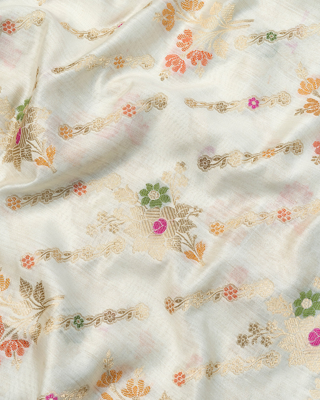 Cream Pure Banarasi Saree with Multicolour Floral Butidar Weaves