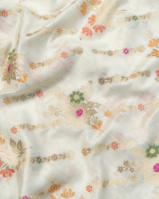 Cream Pure Banarasi Saree with Multicolour Floral Butidar Weaves