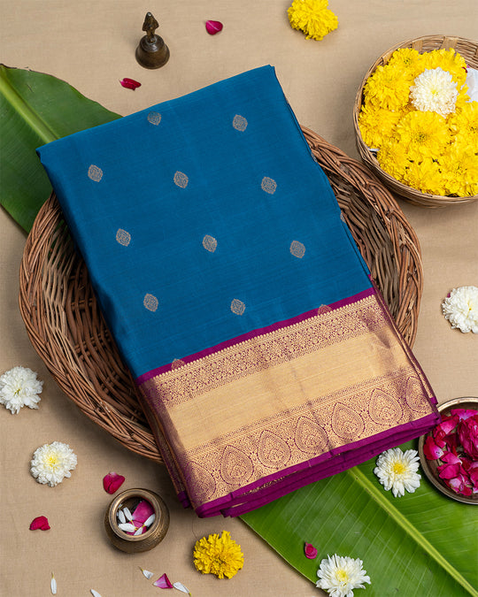 Cobalt Blue Pure Kanjivaram Silk Saree with Exquisite Gold Wine Paisley Border