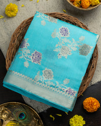 Celestial Blue Pure Banarasi Silk Saree Handwoven with Majestic Zari and Graceful Floral Weaves