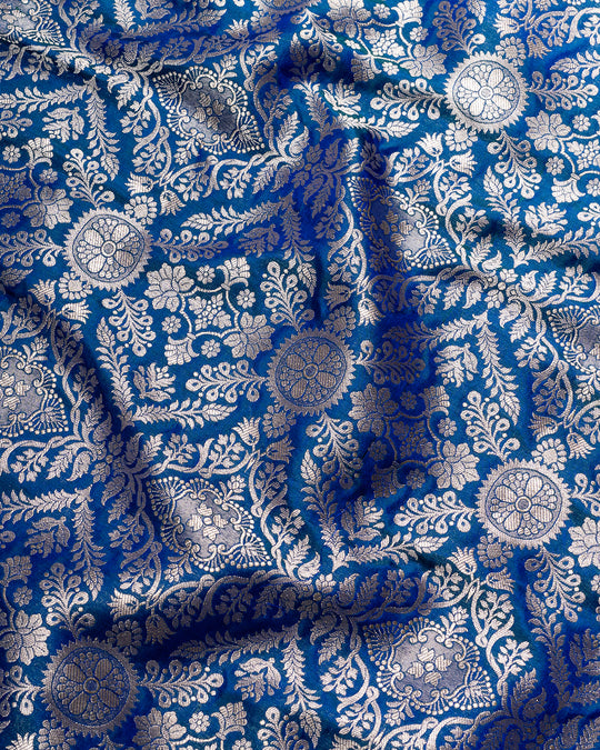 Enchanted Indigo Banarasi Katan Silk Saree Elegantly Woven In Delicate Silver Floral Zari Craftsmanship