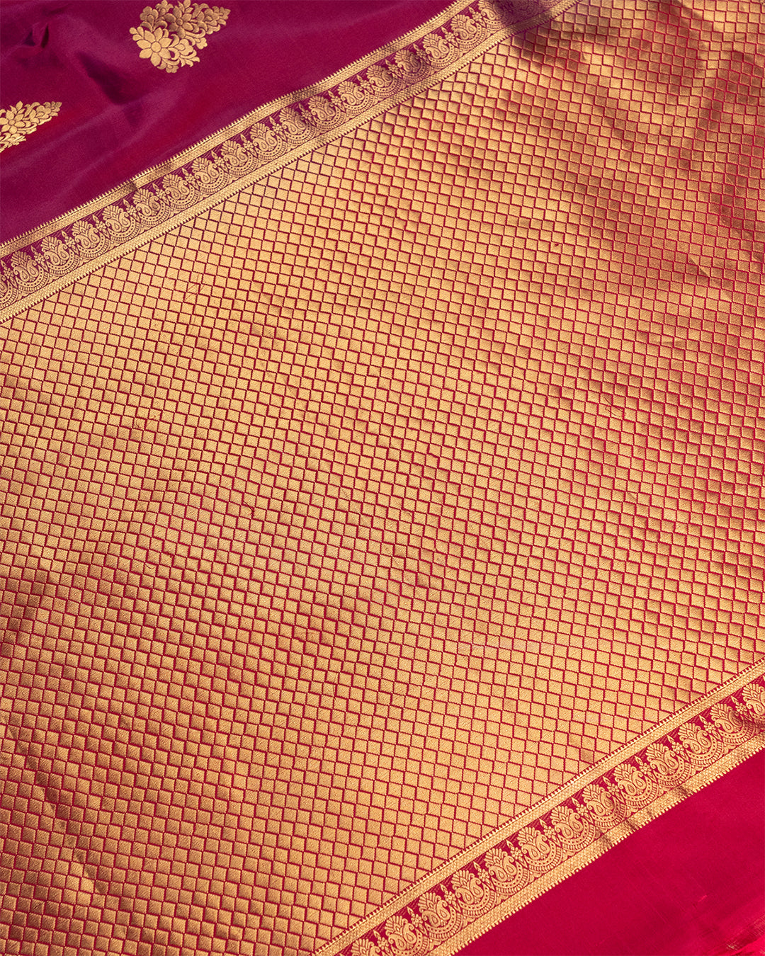 Burgundy Pure Kanjivaram Silk Saree with Antique Gold Floral Buta Detailing