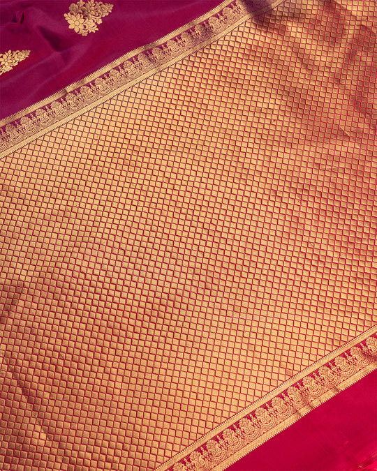 Burgundy Pure Kanjivaram Silk Saree with Antique Gold Floral Buta Detailing