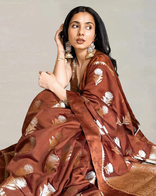 Brown Pure Banarasi Saree with Floral Buta Weaves