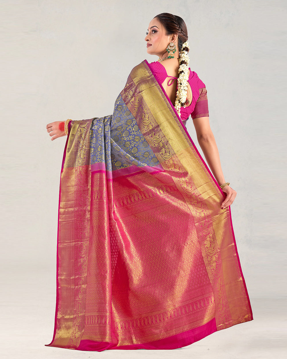Wild Blue Pure Kanjivaram Saree with Magenta Ornamental Gold Detailing