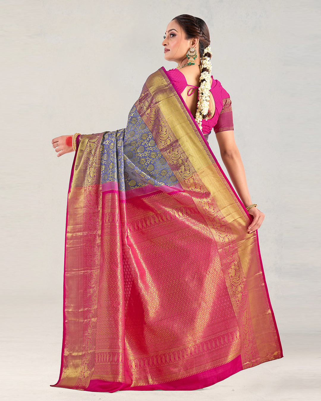 Wild Blue Pure Kanjivaram Saree with Magenta Ornamental Gold Detailing