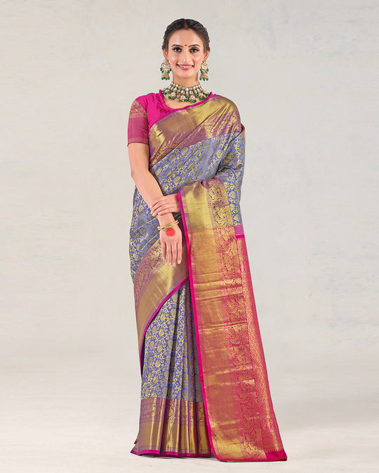 Wild Blue Pure Kanjivaram Saree with Magenta Ornamental Gold Detailing