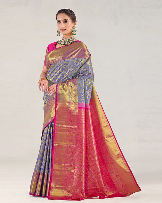 Wild Blue Pure Kanjivaram Saree with Magenta Ornamental Gold Detailing