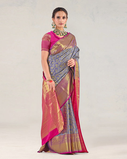 Wild Blue Pure Kanjivaram Saree with Magenta Ornamental Gold Detailing