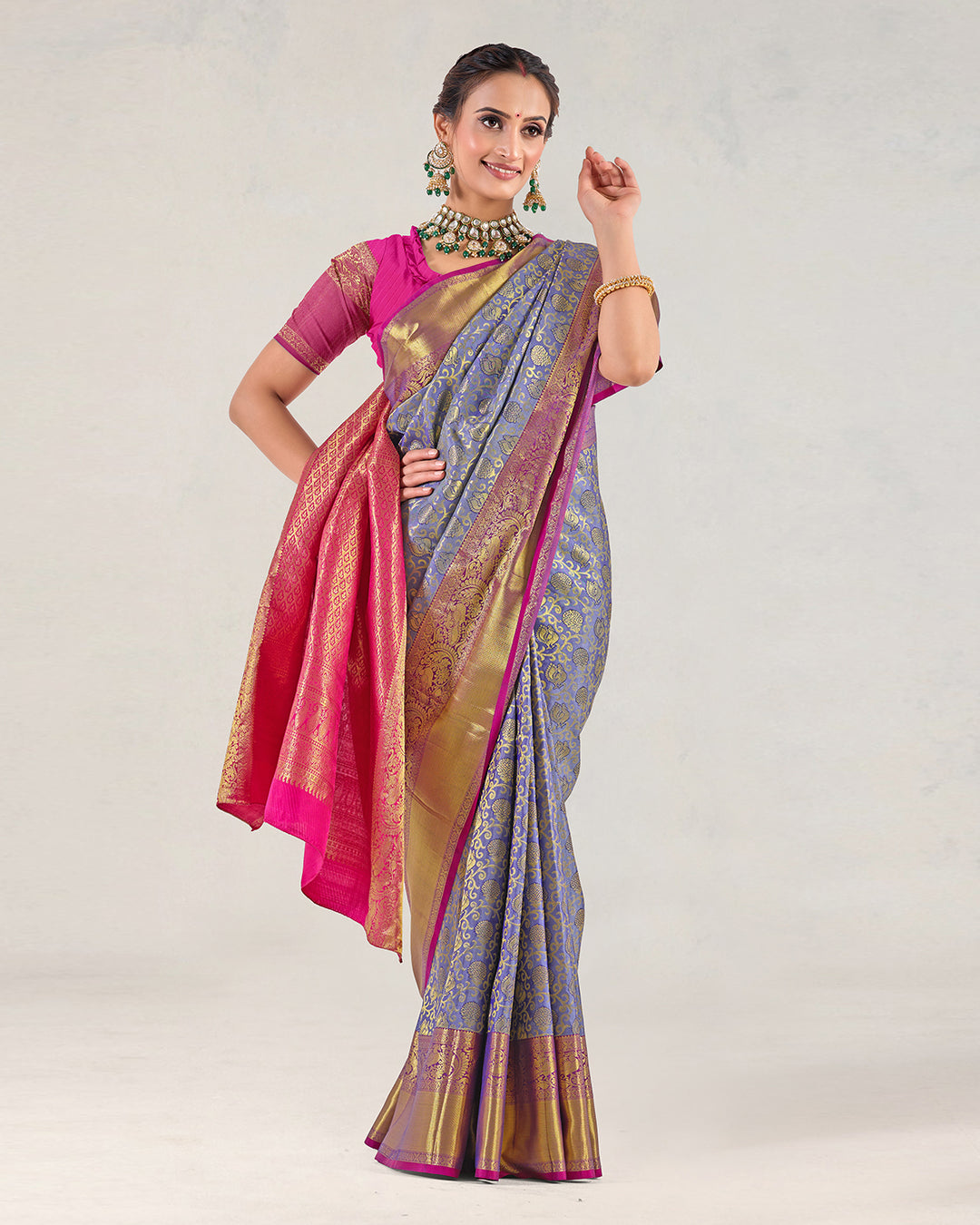 Wild Blue Pure Kanjivaram Saree with Magenta Ornamental Gold Detailing