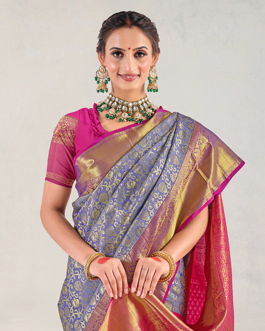 Wild Blue Pure Kanjivaram Saree with Magenta Ornamental Gold Detailing