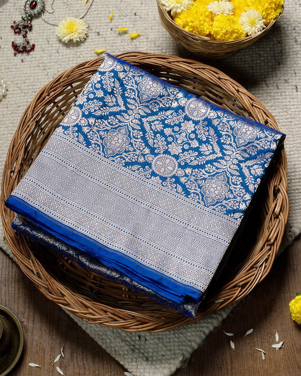 Enchanted Indigo Banarasi Katan Silk Saree Elegantly Woven In Delicate Silver Floral Zari Craftsmanship