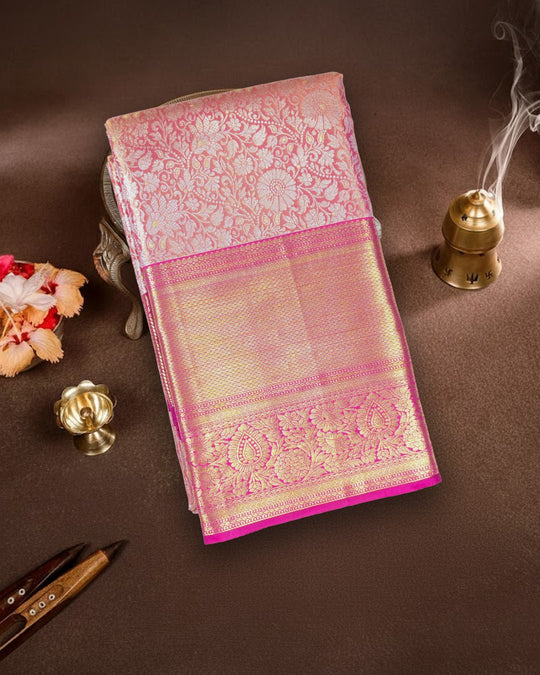 Rose Pink Pure Kanjivaram Saree with Regal Floral Artistry Weaving - katansi