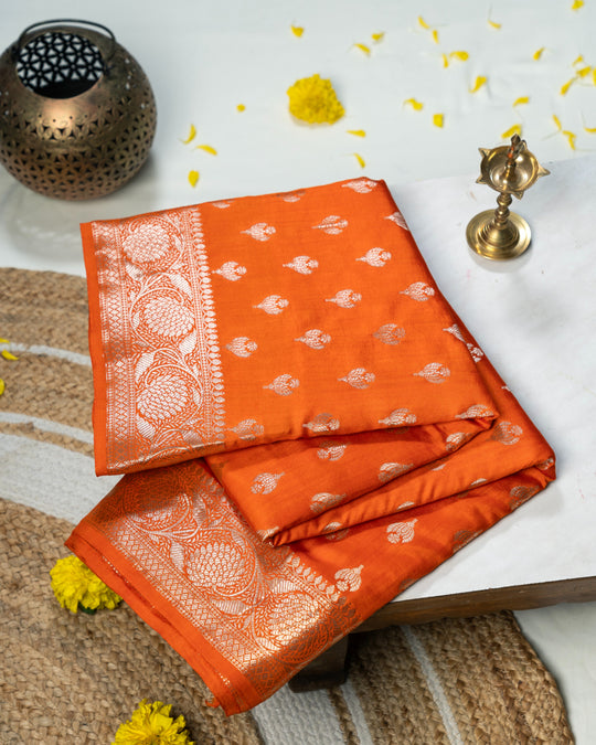 Rust Orange Kadwa Pure Banarasi Silk Saree