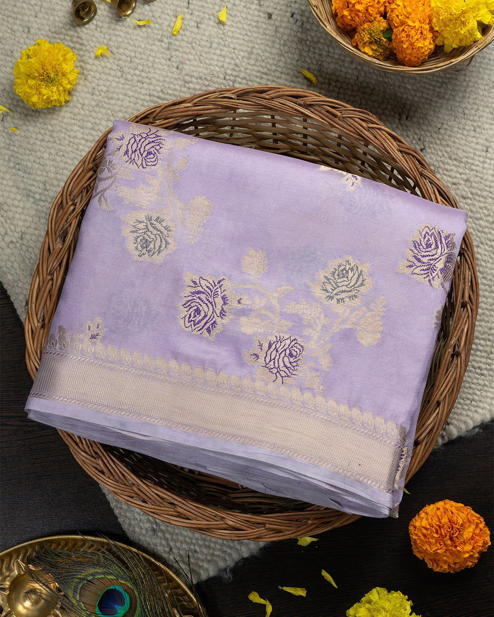 Noor-e-Lavender Pure Katan Silk Saree with Heritage Floral Weaves & Timeless Zari Embellishments