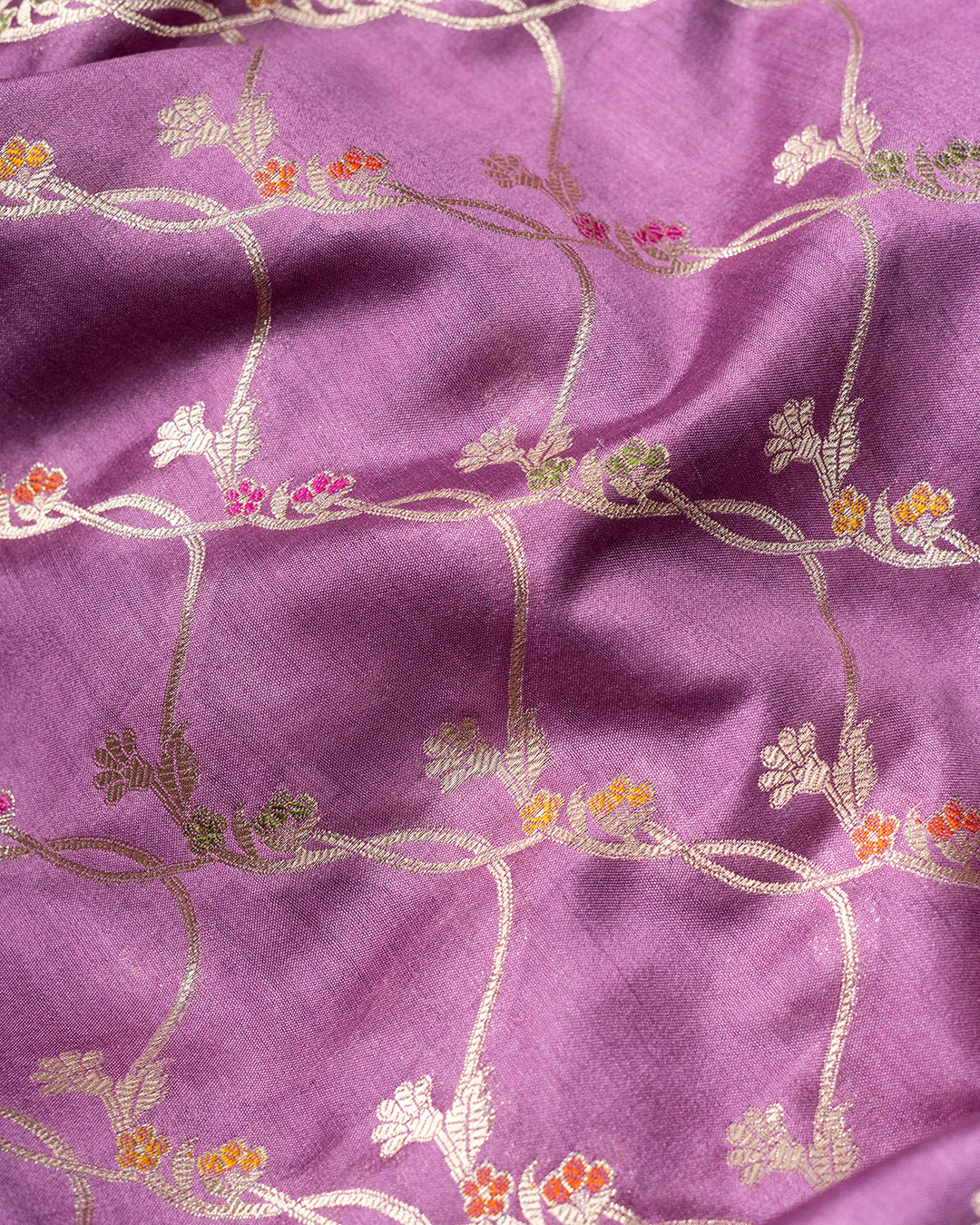 Lilac Pure Banarasi Saree With Timeless Delicate Floral Vine Weaving