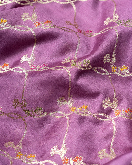Lilac Pure Banarasi Saree With Timeless Delicate Floral Vine Weaving