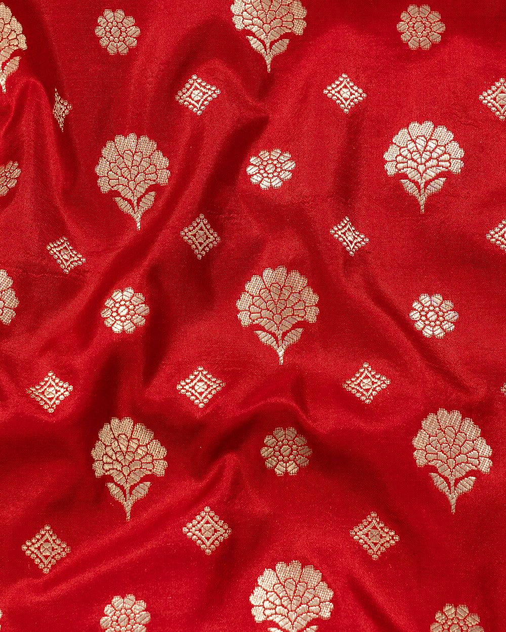 Rajsi Lal Pure Katan Silk Saree Handwoven with Antique Zari Blossoms and Regal Borders of Kadhua Craftsmanship