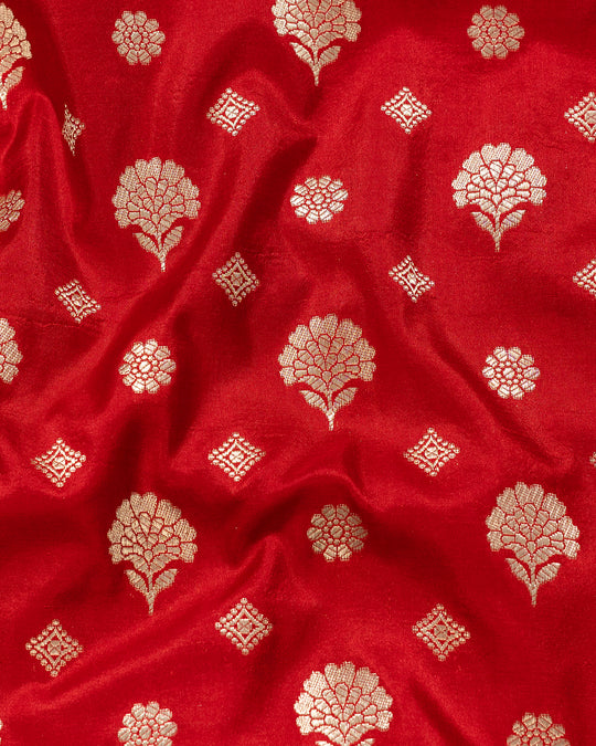 Rajsi Lal Pure Katan Silk Saree Handwoven with Antique Zari Blossoms and Regal Borders of Kadhua Craftsmanship