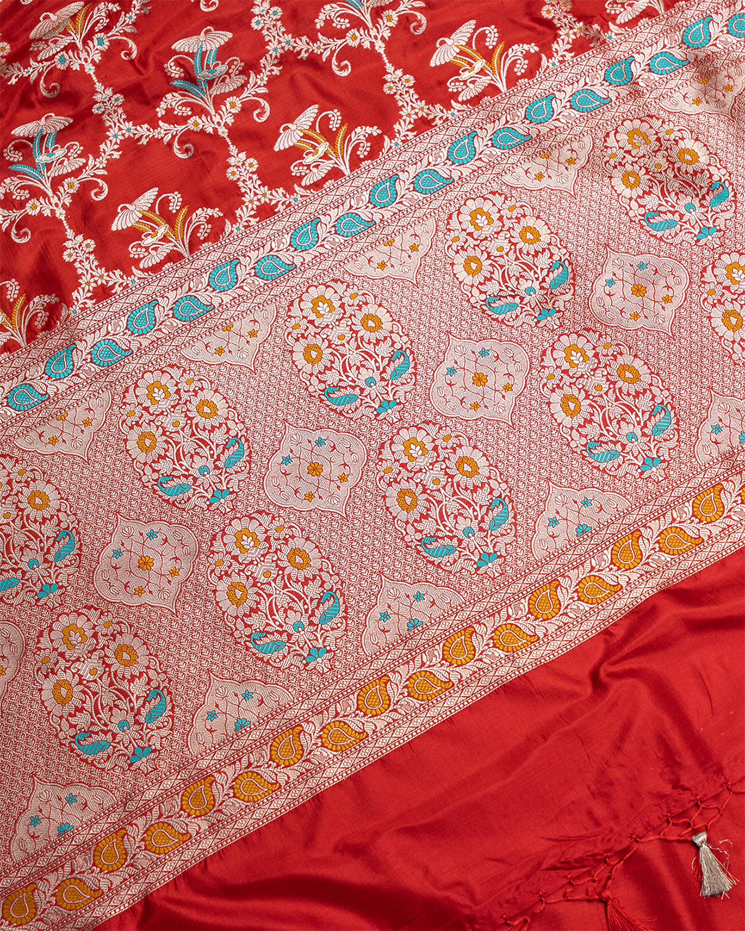 Red Pure Katan Saree with Intricate Meenakari Jaal Craftsmanship
