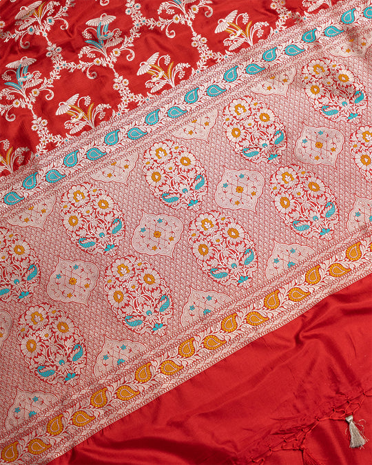 Red Pure Katan Saree with Intricate Meenakari Jaal Craftsmanship