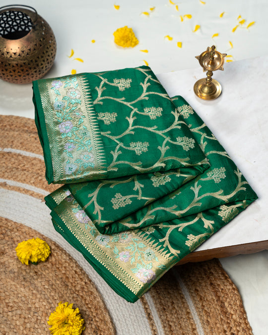 Pine Green Meenakari Jaal Pure Banarasi Silk Saree